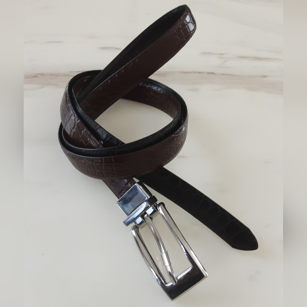 Unbranded  Reversible Brown|Black Croc Embossed Leather Belt Silver Buckle Sz L
